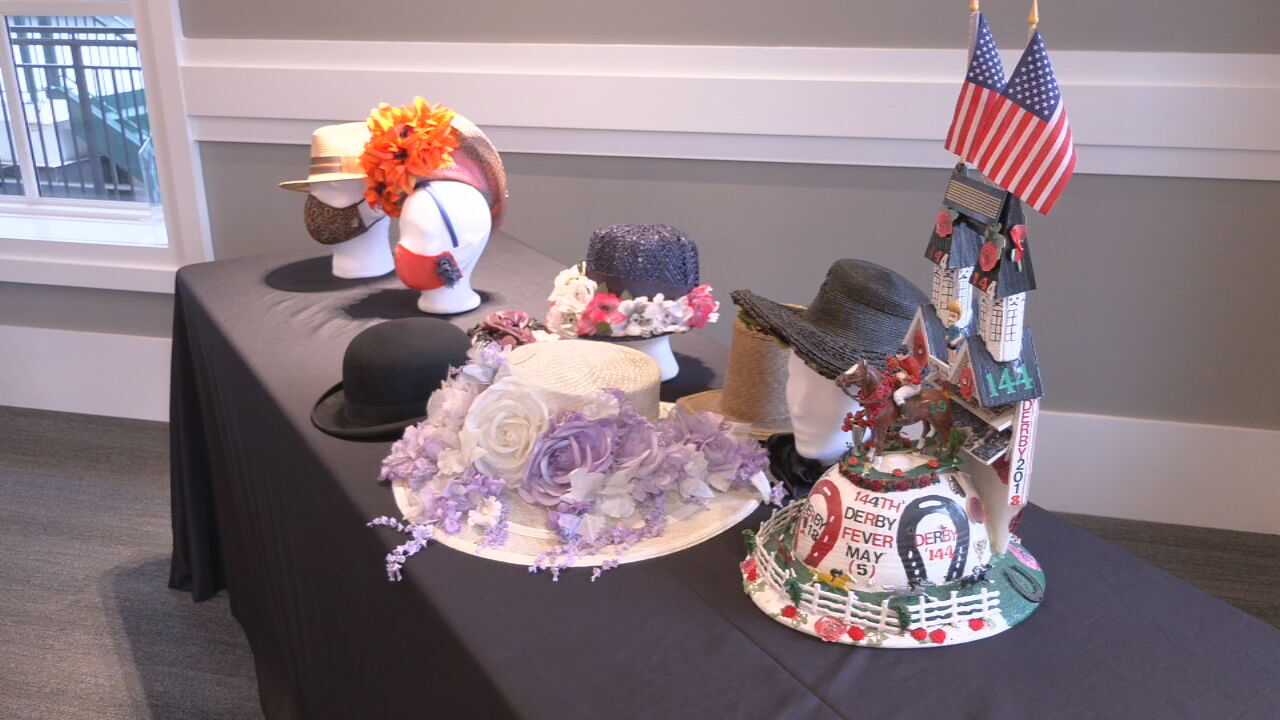 Hats on display, typically stored in the vault at the Kentucky Derby Museum
